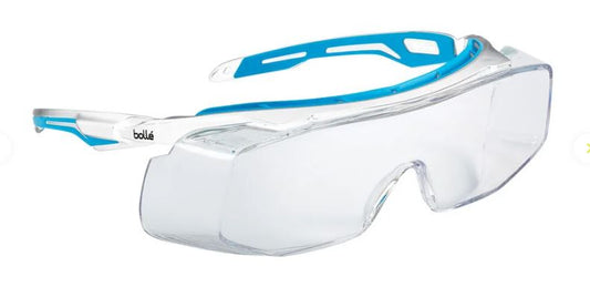 BOLLE TRYON OTG SAFETY SPECTACLES OTG CLEAR PC LENS PLATINUM COATING WHITE BLUE FRAME HEALTHCARE - PACK OF 10