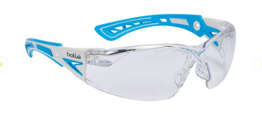 BOLLE RUSH+ SAFETY SPECTACLES CLEAR PC LENS PLATINUM COATING WHITE BLUE FRAME HEALTHCARE - PACK OF 10