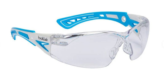 BOLLE RUSH+ SAFETY SPECTACLES CLEAR PC LENS PLATINUM COATING WHITE BLUE SMALL FRAME HEALTHCARE - PACK OF 10