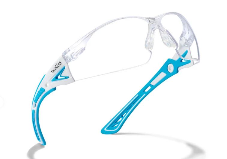 BOLLE RUSH+ SAFETY SPECTACLES CLEAR PC LENS PLATINUM COATING WHITE BLUE SMALL FRAME HEALTHCARE - PACK OF 10